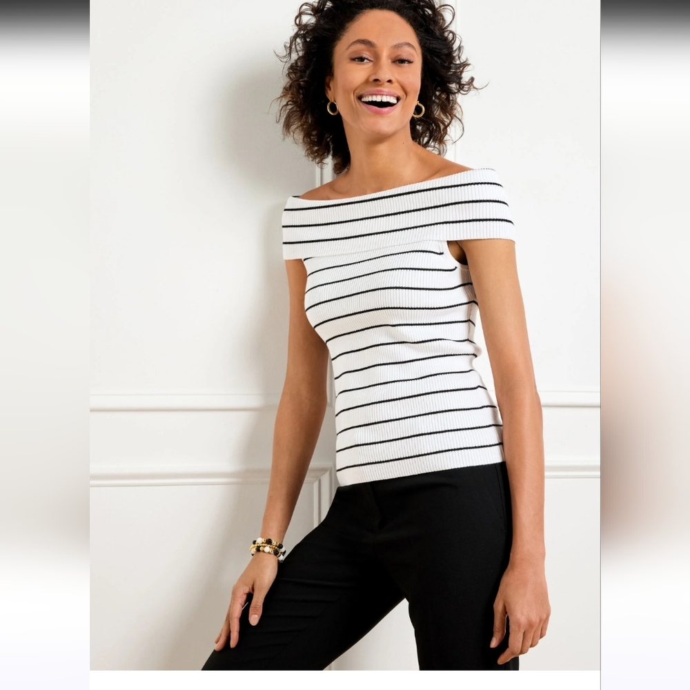 Talbots NWT LARGE Striped Black and White sweater Tank Top Off Shoulder Ribbed